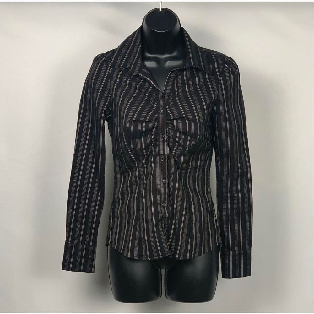 Express Design Studio black with silver stripes button up Womans V-Neck blouse